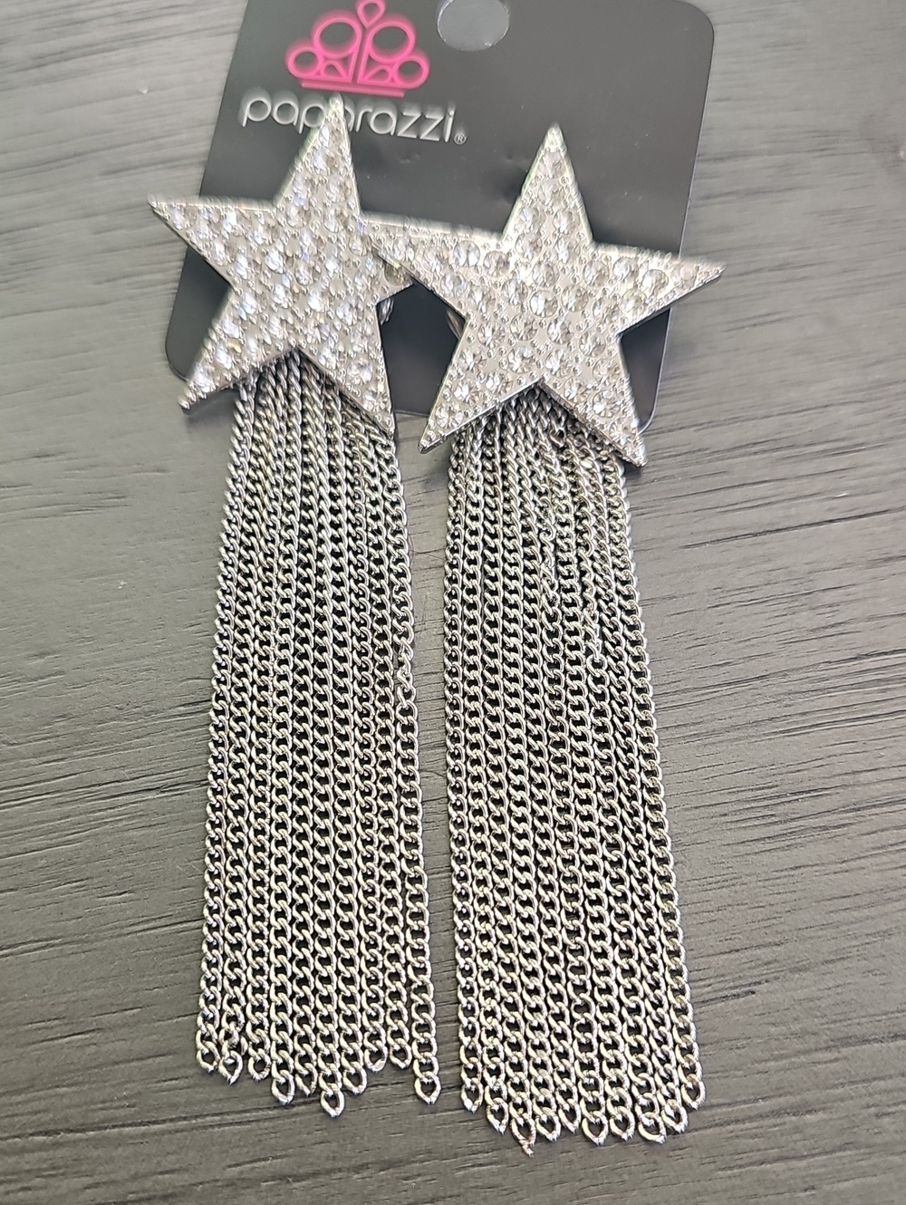 Paparazzi Silver Crystal Star Chain Tassel Earrings